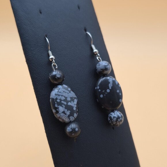 Silver Plated Over Copper Snowflake Obsidian Stone Vintage Earrings A5983 - Picture 2 of 5